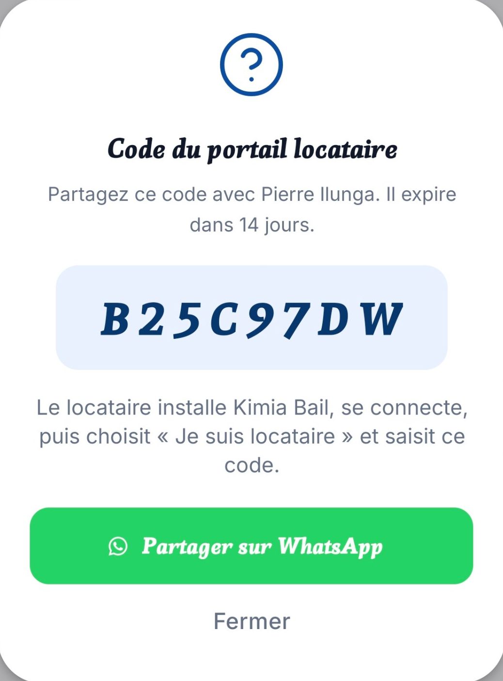 Fenêtre du code portail locataire dans Kimia Bail